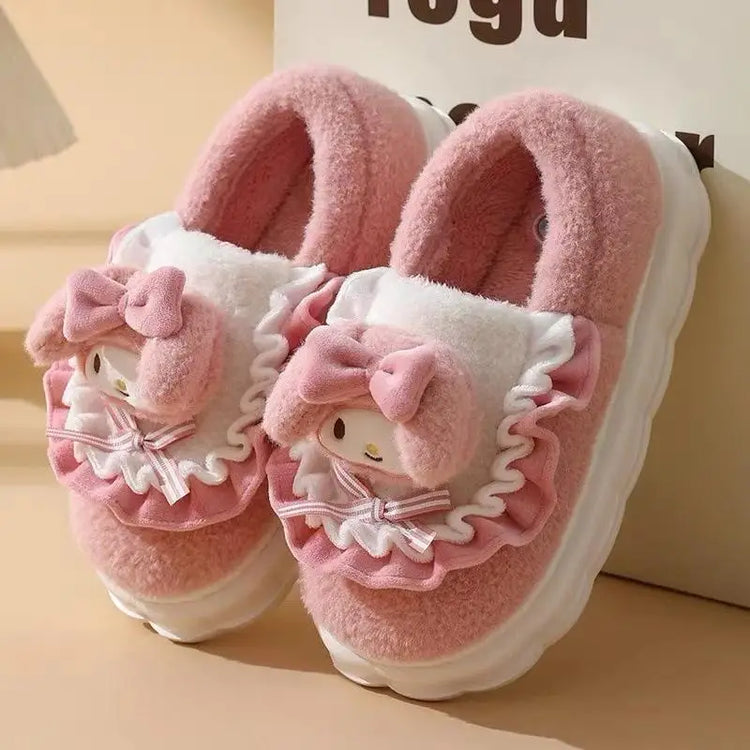 Women Cute Cartoon Plush Slippers Ruffled Lace Bow Warm Fuzzy Thick Non-Slip Sole Winter Indoor Bedroom Cozy House Shoes Girls