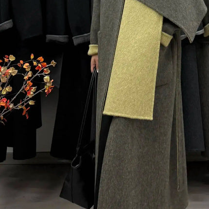 DFDG Woman's Cowl-neck Pure Color Versatile Patchwork Two-color Design 2025 Spring New Style Loose High-quality Long Coat