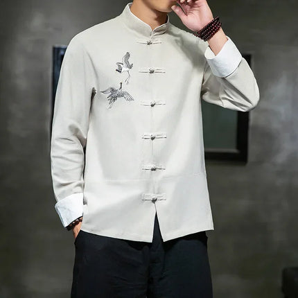 Camicie con ricamo gru Abbigliamento tradizionale cinese vintage Mezza manica da uomo in lino Solido colletto Madarin Cardigan Hanfu Kungfu