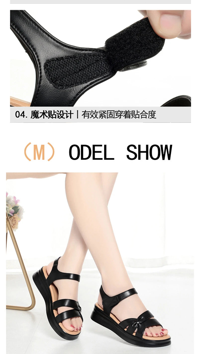 Mom's Shoes Sandals Going Out Flat Summer New Comfortable Lightweight Versatile Leather Sandals For Middle-Aged Elderly People