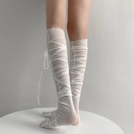 Chaussettes couvre-jambes punk pour femmes avec cravate au mollet Chaussettes à sangle au mollet de danse de ballet Chaussettes fines Y2K Chaussettes cosplay Lolita gothique japonais JK Club