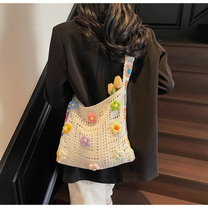 Borsa tote da donna in stile boho con motivo floreale all'uncinetto, borsa a tracolla in maglia intrecciata di grande capacità, borsa da spiaggia estiva per ragazze