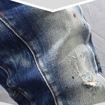 Street Designer Fashion Men Jeans Retro Blue Stretch Slim Fit Spliced Ripped Jeans Men Y2K Painted Vintage Denim Pants Hombre PlatiNum