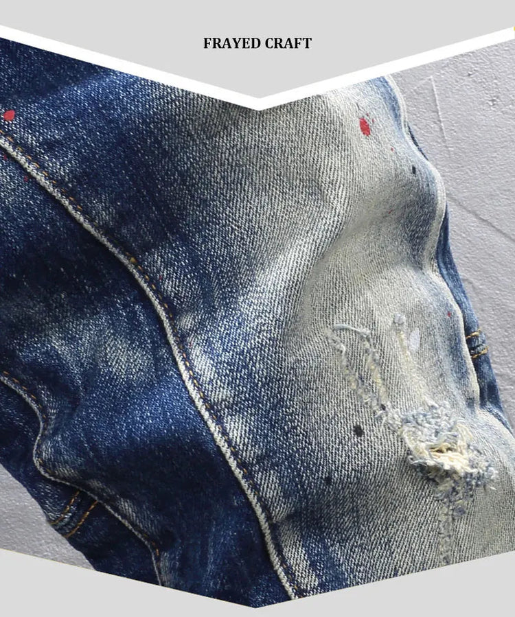 Street Designer Fashion Men Jeans Retro Blue Stretch Slim Fit Spliced Ripped Jeans Men Y2K Painted Vintage Denim Pants Hombre PlatiNum