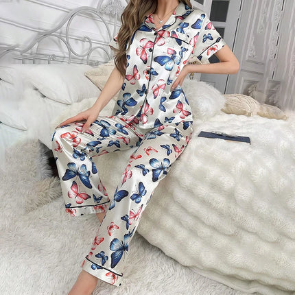 Pigiama in raso per donna pigiameria con stampa floreale autunno vestiti per la casa Soft Comfort top e pantaloni a maniche corte pigiama pigiama Femme