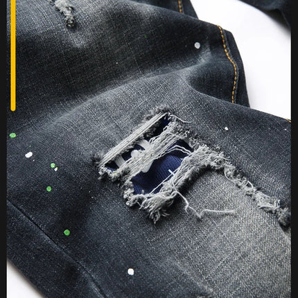Fashion New Slim Stretch Ripped Jeans Men's Streetwear Paint Spots Denim Pants Hip Hop Punk Personality Hole Male Trousers PlatiNum