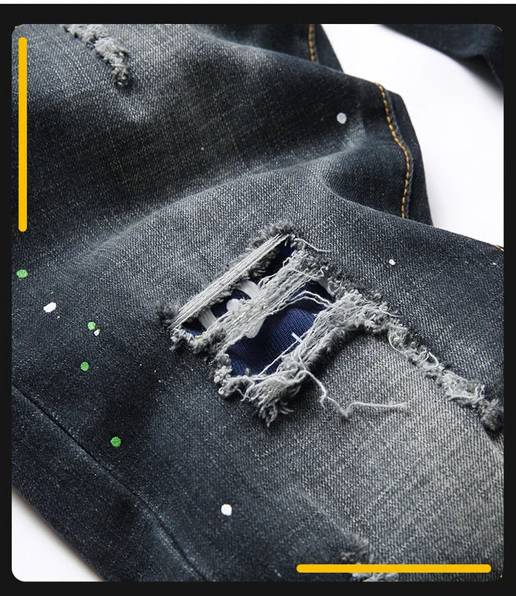 Fashion New Slim Stretch Ripped Jeans Men's Streetwear Paint Spots Denim Pants Hip Hop Punk Personality Hole Male Trousers PlatiNum