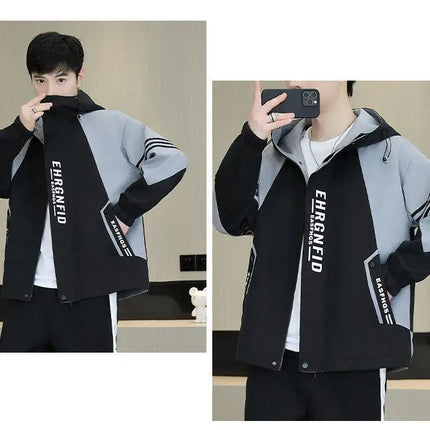 Spring Autumn Men's Hooded Jacket Loose Versatile Trendy Color Block Fashion Outerwear Windproof Thickened Long Sleeve Zipper