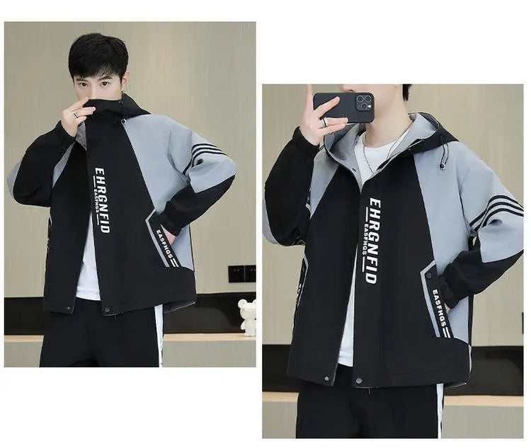 Spring Autumn Men's Hooded Jacket Loose Versatile Trendy Color Block Fashion Outerwear Windproof Thickened Long Sleeve Zipper