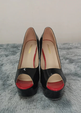 LOSLANDIFEN Women Pumps Sexy Peep Toe Platform 14cm Super High Heels Patent Leather Shoes Red Wedding Stilettos Large Size 44 PlatiNum