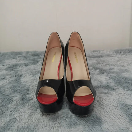 LOSLANDIFEN Women Pumps Sexy Peep Toe Platform 14cm Super High Heels Patent Leather Shoes Red Wedding Stilettos Large Size 44 PlatiNum