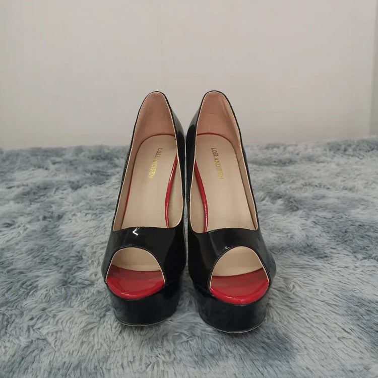 LOSLANDIFEN Women Pumps Sexy Peep Toe Platform 14cm Super High Heels Patent Leather Shoes Red Wedding Stilettos Large Size 44 PlatiNum
