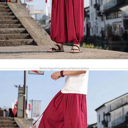 Pantaloni Stile Cinese da Uomo, Etnici in Lino a Gamba Larga, Design con Cavallo Morbido, Pantaloni da Ballo, Casual, Hanfu, Stile Lanterna, 8XL