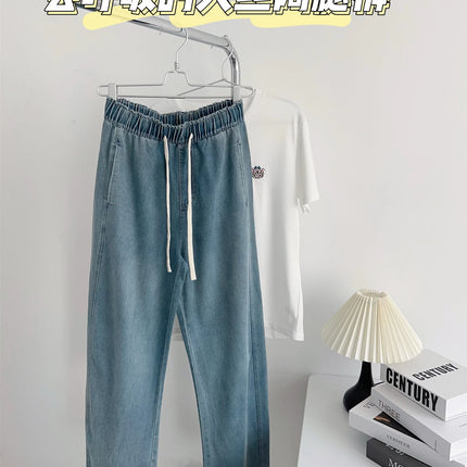 Jeans lavati curvi di seta pantaloni estivi in Denim a gamba larga larghi a vita alta da donna