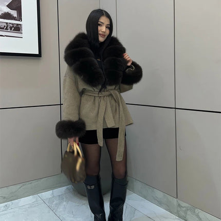 Brown Faux Fur Collar Wool Blend Belted Coats Elegant Wrap V Neck Long Sleeve Lace Up Jackets 2026 Lady Winter Autumn Outwear