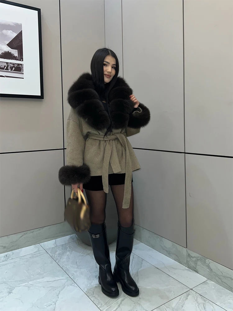 Brown Faux Fur Collar Wool Blend Belted Coats Elegant Wrap V Neck Long Sleeve Lace Up Jackets 2026 Lady Winter Autumn Outwear
