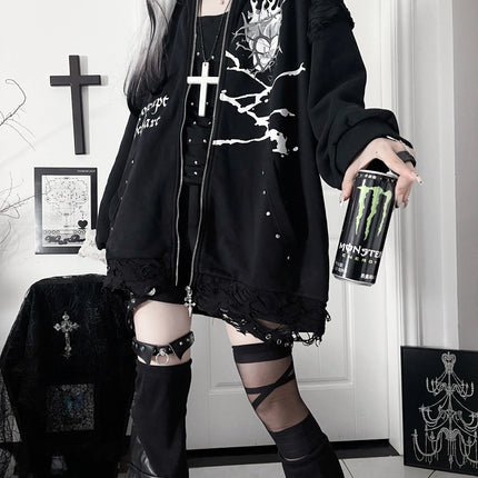 Original Print Subculture Dark Loose Cat Ear Distressed Hooded Sweatshirt Jacket Zip Up Hoodie Oversized Hoodie