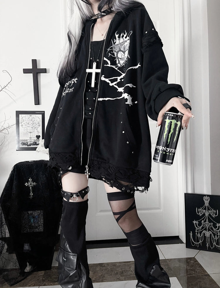 Original Print Subculture Dark Loose Cat Ear Distressed Hooded Sweatshirt Jacket Zip Up Hoodie Oversized Hoodie