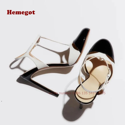 Two Tone T-Straps Women's Sandals Round Toe Cut Out Buckle Slingback High Heels Stiletto Summer Sandals Splicing Elegant Shoes