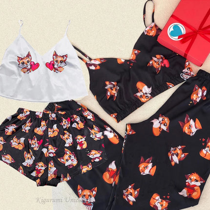 Set da 4 pezzi pigiameria da donna in raso di seta pigiama Set estivo con scollo a v cinturino da notte pigiama Homewear Fox Animal Flower Print Clothes