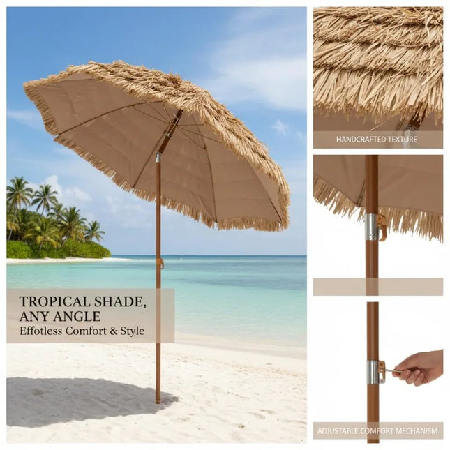 Tiki Umbrella with 30° Tropical Hawaiian Style Straw Roof Multi-Angle Outdoor Umbrella with Removable Metal Pole for Beach, Garden, and Patio