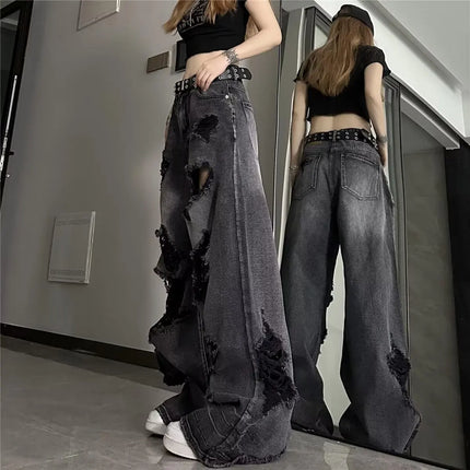 Jeans strappati unici e alla moda da donna, estivi, in stile americano, a zampa d'elefante, vestibilità ampia, versatili, a gamba dritta, lunghi