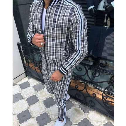 2025 Men Tracksuit 2pc Set Gym Hiking Plaid Zipper Hoodie Cargo Pants Autumn Athleisure Outfit Fleece Jogger Sportswear PlatiNum