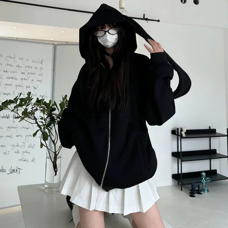 2026 Autumn Kawaii Bunny Big Extra Ears Hoodie Long Sleeve Hooded Sweatshirt Y2K Style Fashion Rabbit Oversized Zip-up Hoodies