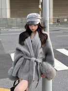 Korean Fashion Women Spring Thin Faux Fur Loose Coat Belt Vintage Jackets Clothes Casual Streetwear Korean Fashion Overcoats