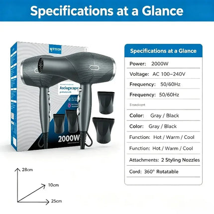 WETECH Professional 2000W Negative Ionic Hair Dryer AC Motor Salon Hairdryer Adjustable Temperature Fast Drying Blow Dryer with Styling Nozzles