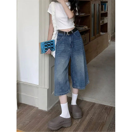 Women's Vintage Wide Leg Denim Capri Pants Shorts Summer New Plus Size Tummy Control Loose Straight Leg Casual Streetwear PlatiNum