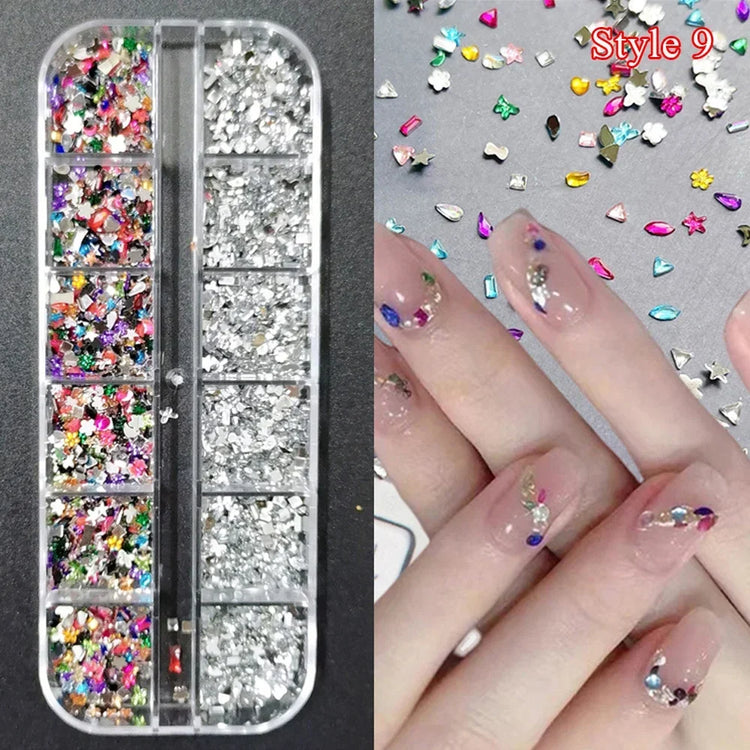 Mix 3D Nail Rhinestones 12 Grids Crystal Diamonds for Nail Art Mini Glitter Diamonds Decorative DIY Nail Art Accessories