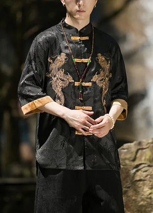 Camicia con ricamo drago dorato da uomo in seta di ghiaccio di alta qualità casual allentato a maniche corte top cardigan tradizionale kung fu retrò da uomo