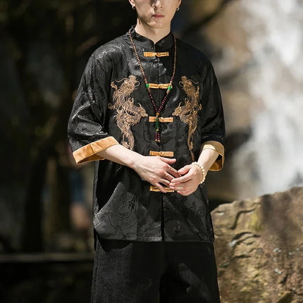 Camicia con ricamo drago dorato da uomo in seta di ghiaccio di alta qualità casual allentato a maniche corte top cardigan tradizionale kung fu retrò da uomo