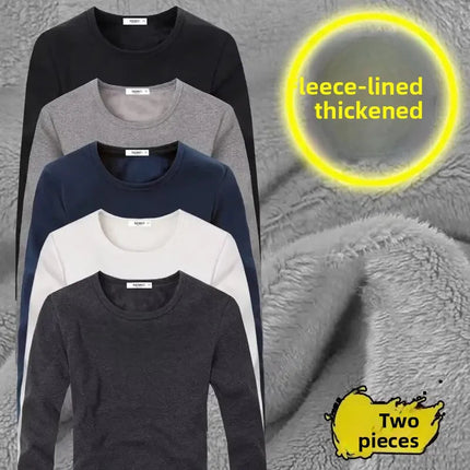 Men's Long Sleeve Thermal Underwear Fleece Lined Thick T-Shirt round Neck Slim Fit Base Shirt Pure Color Inner Wear Autumn Top PlatiNum