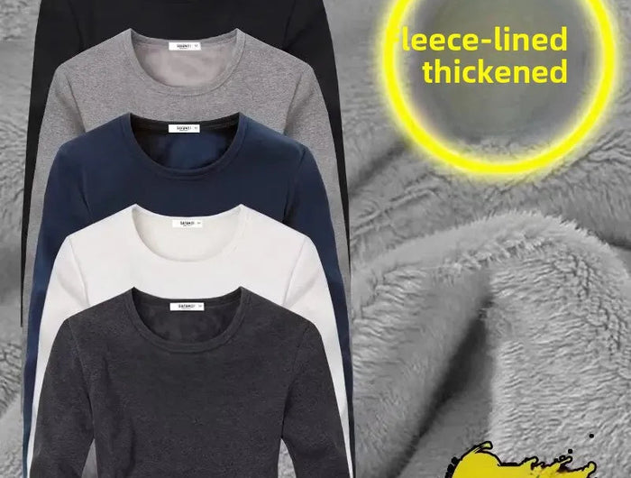 Men's Long Sleeve Thermal Underwear Fleece Lined Thick T-Shirt round Neck Slim Fit Base Shirt Pure Color Inner Wear Autumn Top PlatiNum
