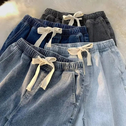 Loose Fit Men's Elastic Waist Jeans with Rope 9-Tenths Straight Leg Korean Style Trendy Versatile Large Size Nine-Piece Pants PlatiNum