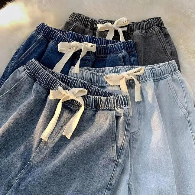 Loose Fit Men's Elastic Waist Jeans with Rope 9-Tenths Straight Leg Korean Style Trendy Versatile Large Size Nine-Piece Pants PlatiNum