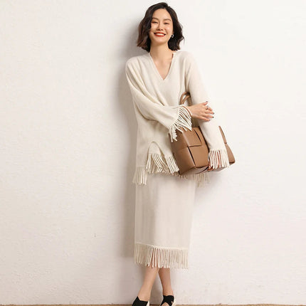 New Straight A-line Skirt Women's 100% Cashmere knitwear Spring Autumn Casual Loose Tassels Soft High Waist Mid Length Skirt PlatiNum