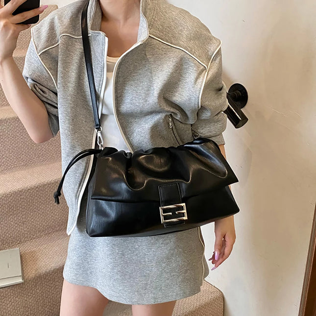 Women's Large Capacity Casual Single Shoulder Bag Soft Leather Cloud Pleated Drawstring Tote Bag Fashion Versatile Underarm Bag