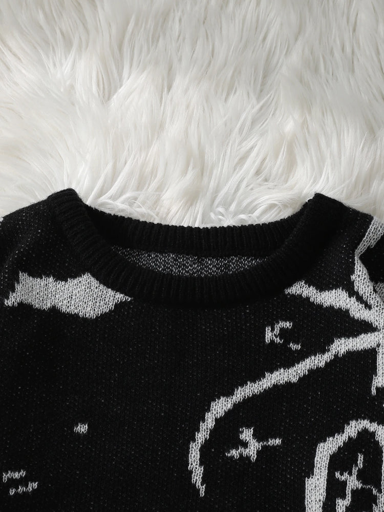 New Trendy Street Graffiti Jacquard Pattern Pullover Sweater, Casual Round-Neck Color-Block Knit Men's Pullover, Suitable for Everyday Wear, Unisex Top for Going Out, Regular Fit, Suitable for Autumn and Winter