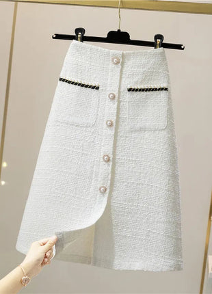 Women's Mid-Length/Short White Black Tweed High-Waist Woolen A-Line Autumn Winter Fragrant Silk Skirt PlatiNum