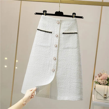 Women's Mid-Length/Short White Black Tweed High-Waist Woolen A-Line Autumn Winter Fragrant Silk Skirt PlatiNum