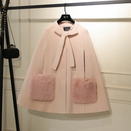 French Elegant Socialite Cape Jacket Plush Pocket Round Neck Bow Single-breasted Loose Versatile Woolen Cloak Coats Women Winter
