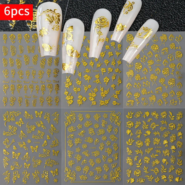 6Pcs/Set Metal Silver Star/Heart/Moon 3D Nail Art Stickers 8*10cm Hollow Love/Cross Self-Adhesive Slider Luxury Manicure Decals