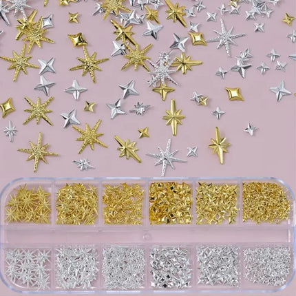 Golden & Silvery Metallic 3D Star Nail Art Charms and Gems - Mixed Styles for DIY Nail Decor, Hypoallergenic Manicure Jewelry2028