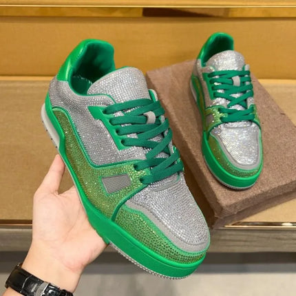Men Diamonds Crystal Patchwork Suede Genuine Leather Shoes Lace Up Round Toe Thick Bottom Casual Shoes Height Increase Platform