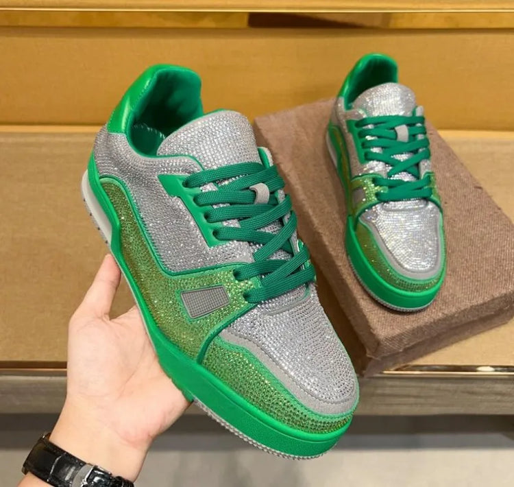 Men Diamonds Crystal Patchwork Suede Genuine Leather Shoes Lace Up Round Toe Thick Bottom Casual Shoes Height Increase Platform