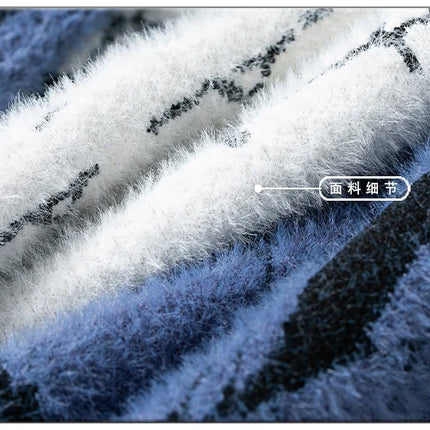 Mink Plush Thickened Round Neck Sweater New Men's Autumn Winter Loose Print Patchwork Fashion Knitted Sweater Long Sleeved Tops