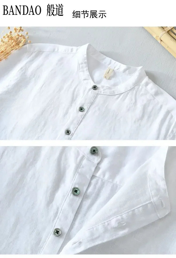 T-shirt con colletto della camicia traspirante casual in lino di cotone a maniche corte da uomo di fascia alta allentata primavera ed estate in stile cinese